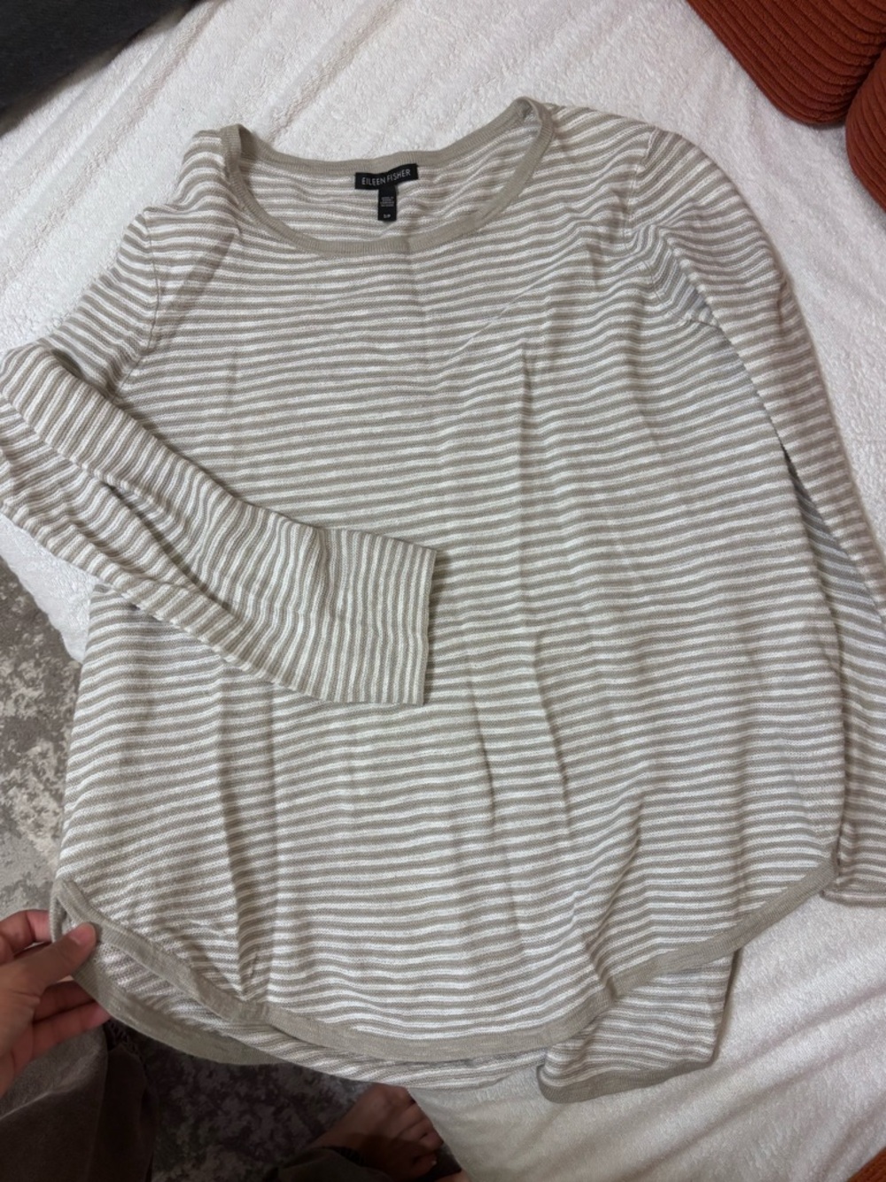 Eileen Fisher Grey & White Striped Long-Sleeve Tee, Organic Cotton + Linen